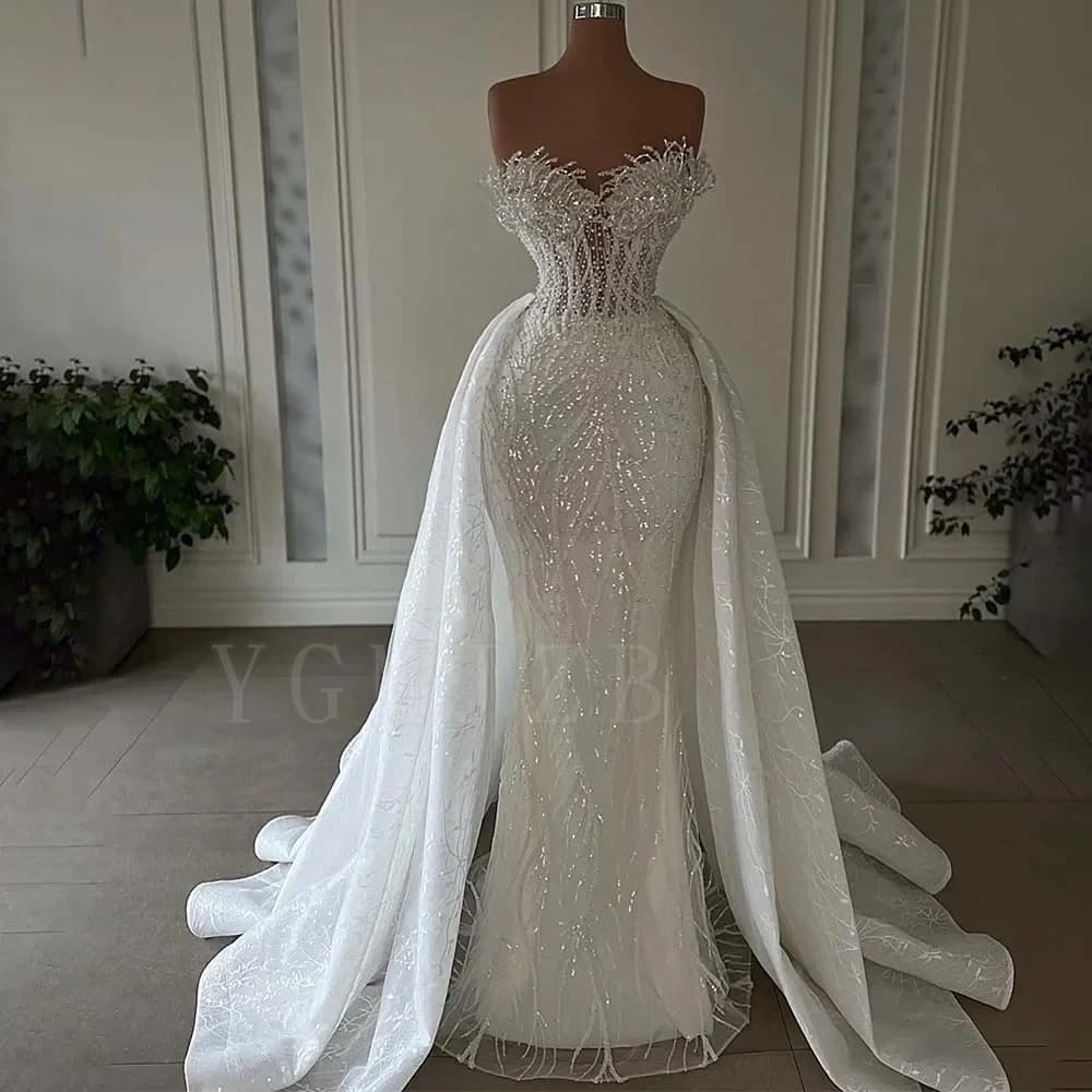 Luxurious Mermaid Wedding Dresses 2025 Bride Strapless Heavy Beaded Lace 2 In 1 Detachable Overskirts Bridal Gown Customized