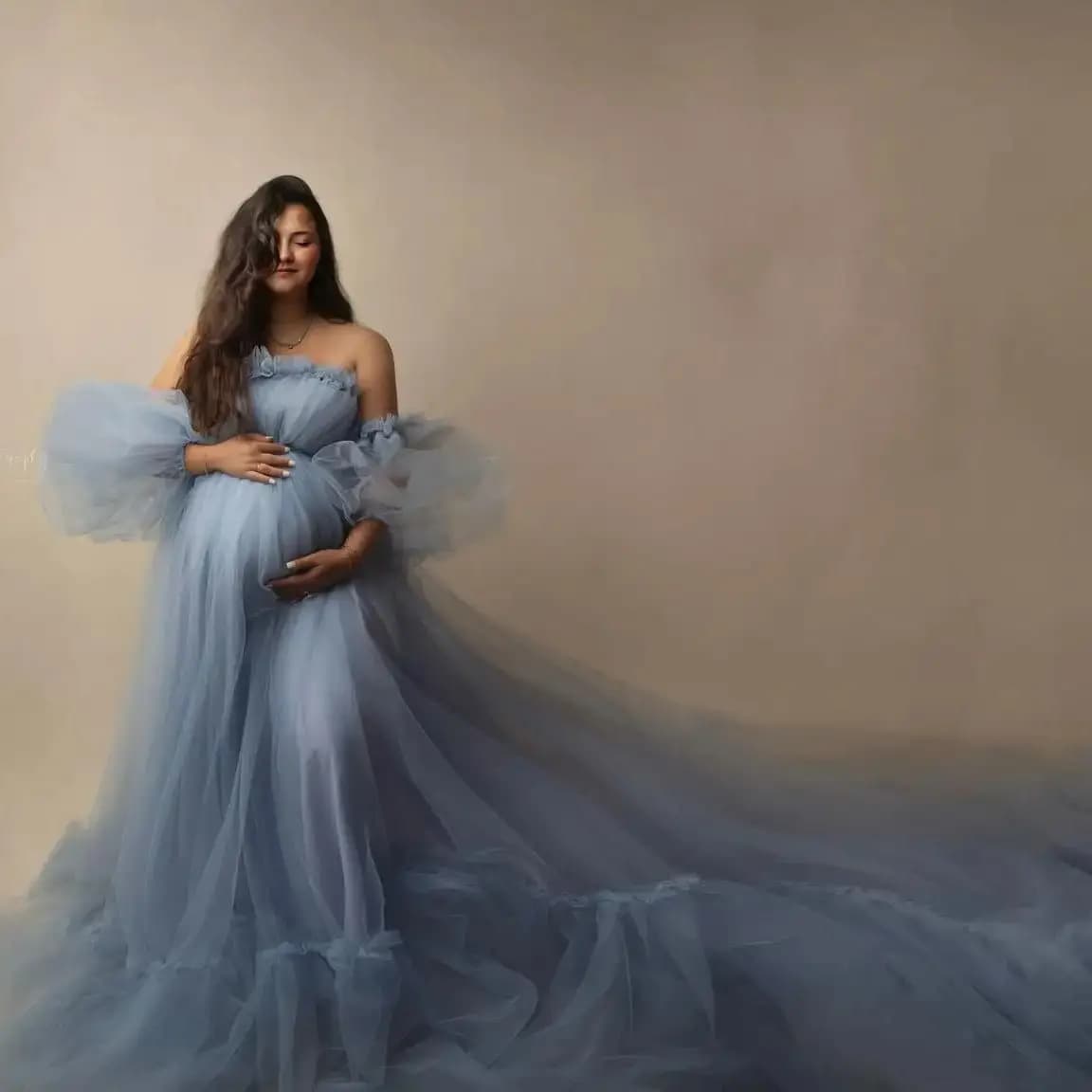 Charming Sky Blue Prom Dresses Off Shoulder Ruffles Pregnant Women Maternity Robes Sexy Long Train Photography Gowns