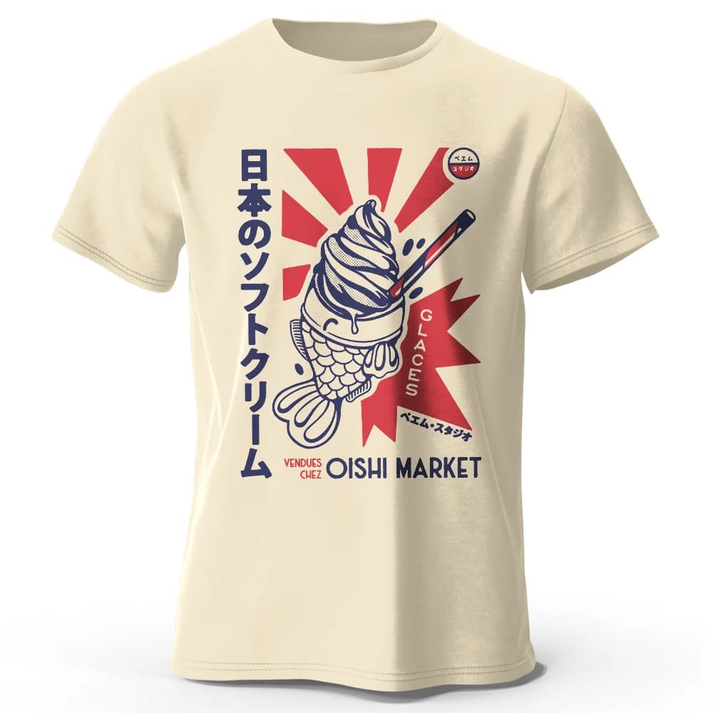 Japanese Foodie Print 100% Cotton T-Shirt, Soft & Breathable Round Neck Short Sleeve Tee, Unisex Cute & Cultural Style