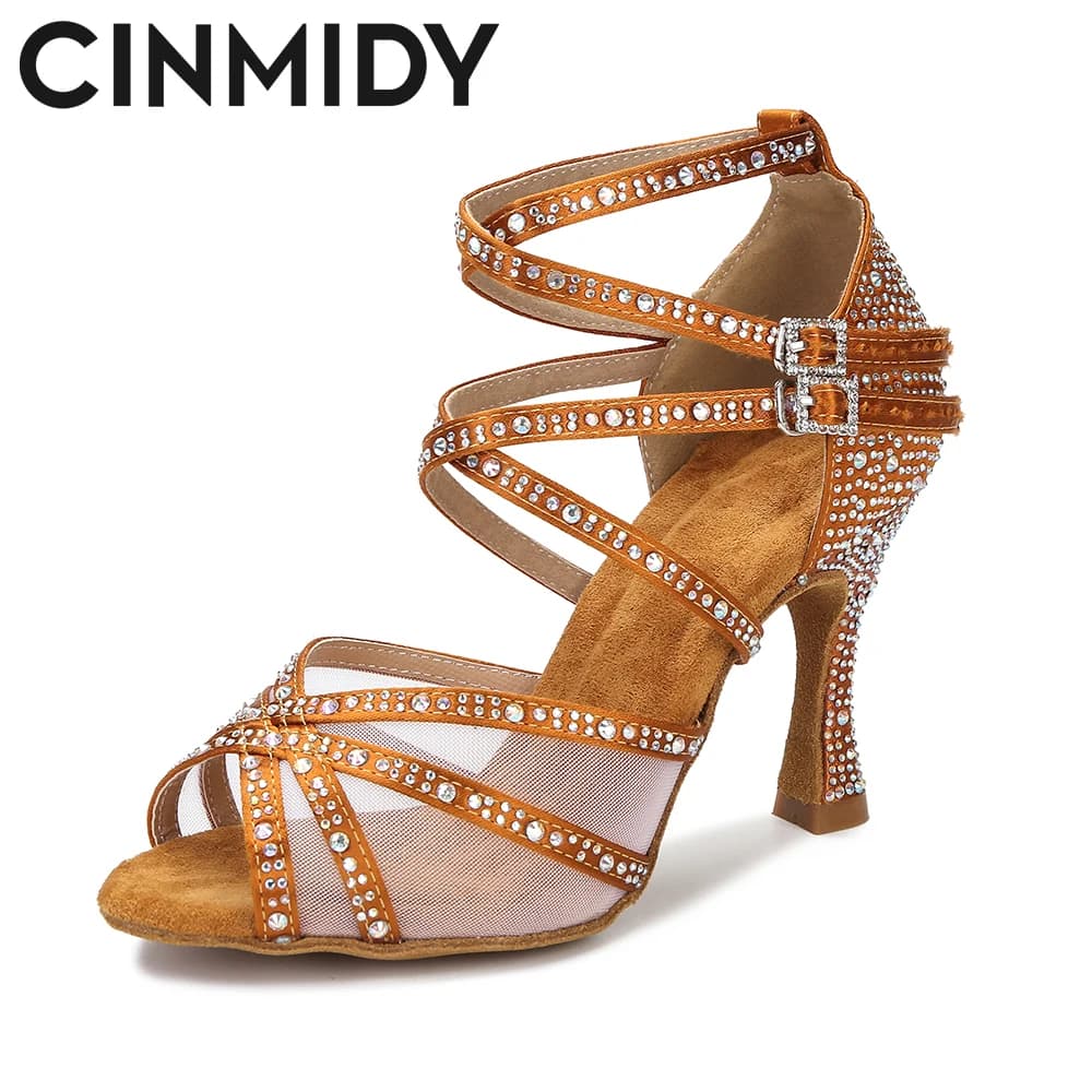 CINMIDY Women Dance Shoes Mesh Latin Dance Shoes Ballroom Dance Sneakers Silk Satin Wedding Shoes Soft Bottom Women's Sandals