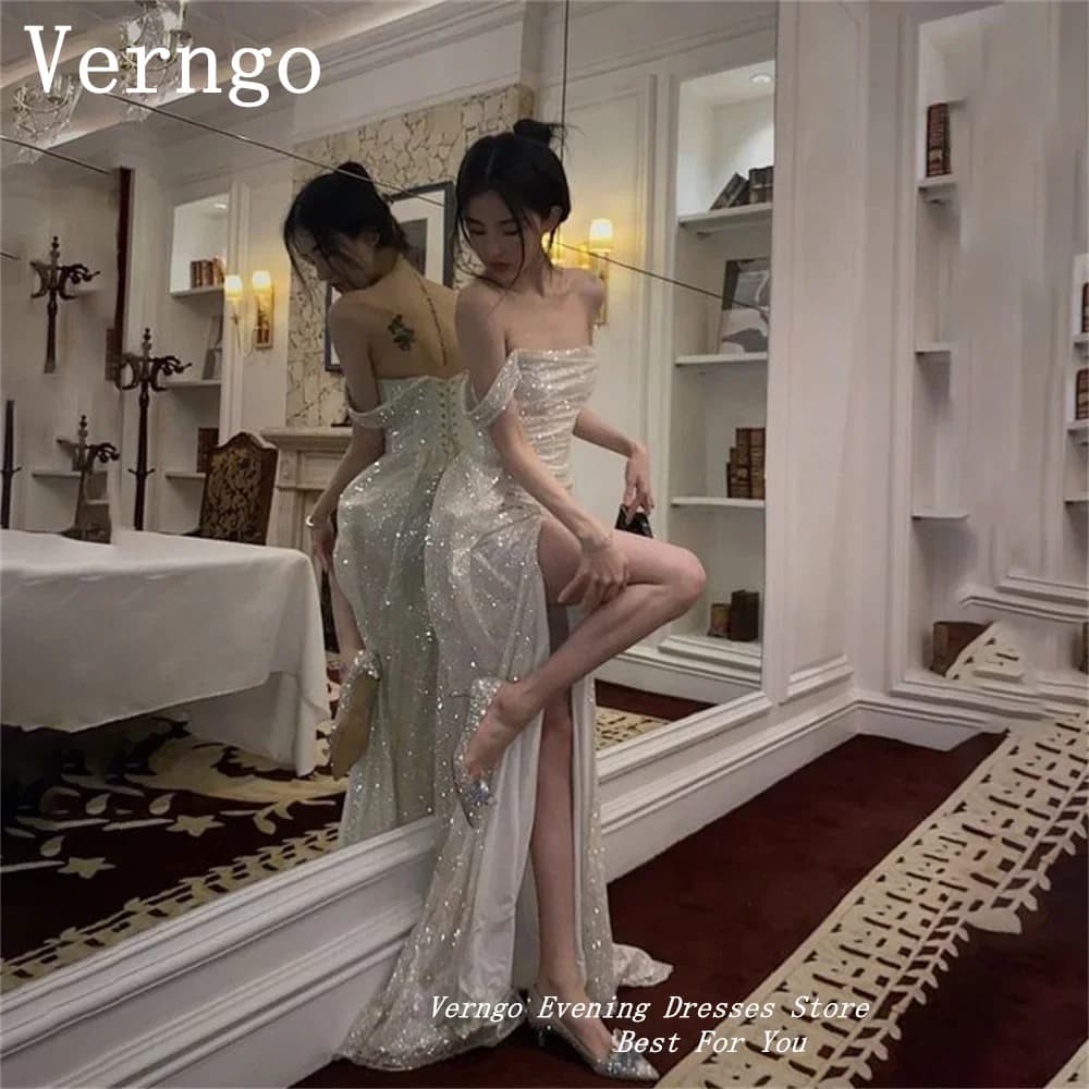Verngo White Sequined Prom Gowns Off The Shoulder Party Dress For Women Sexy Side Slit Formal Occasion Dress
