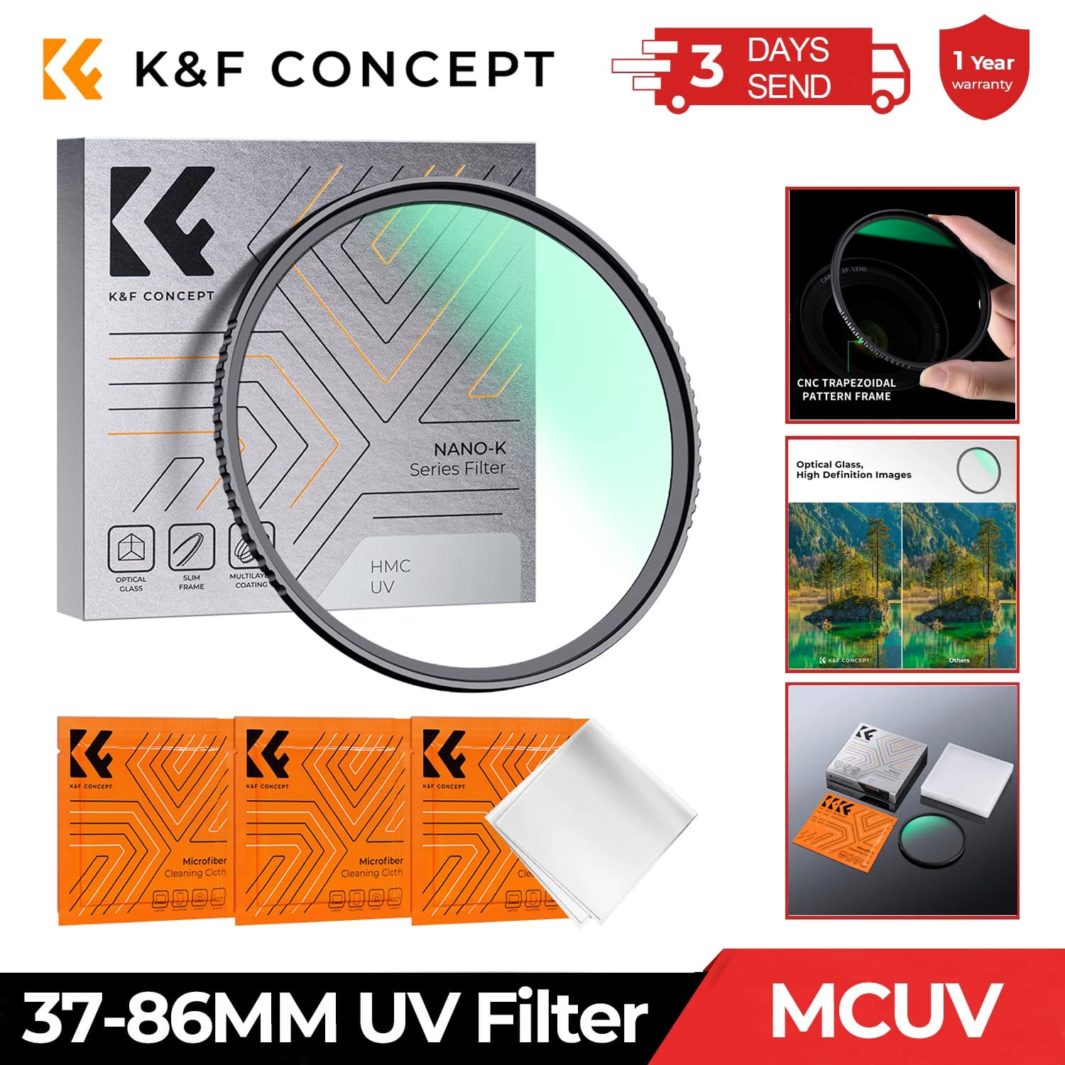 K&F Concept 37-86mm UV Filter Lens MC Ultra Slim Optics with Multi Coated Protection 37mm 49mm 52mm 58mm 62mm 67mm 77mm 82mm