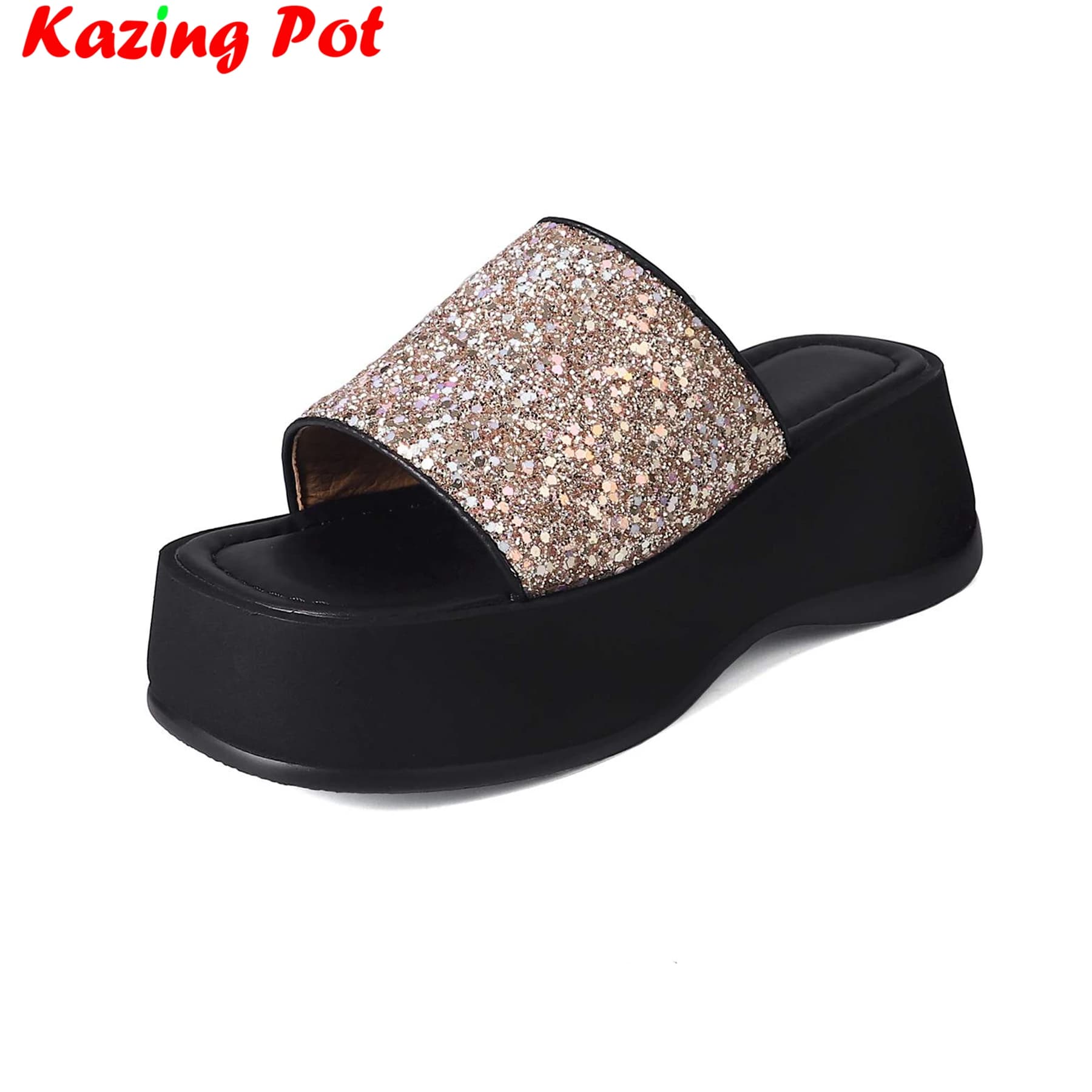 Krazing Pot Sequined Cloth Mules Peep Toe High Heels Bling Summer Shoes Casual Platform Thick Bottom Runway Modern Women Sandals