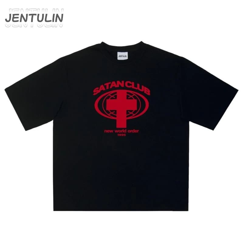 Harajuku Oversized Streetwear Men's Clothing Satan Club Graphic Print Tshirt Cotton Hip Hop Aesthetic Short Sleeve Tops Goth Y2k