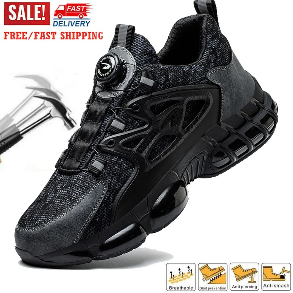 Rotary Button Adjustable Safety Shoes Comfortable Soft Work Sneakers Lightweight Slip Resistant Low Top Steel Toe Boots for Men