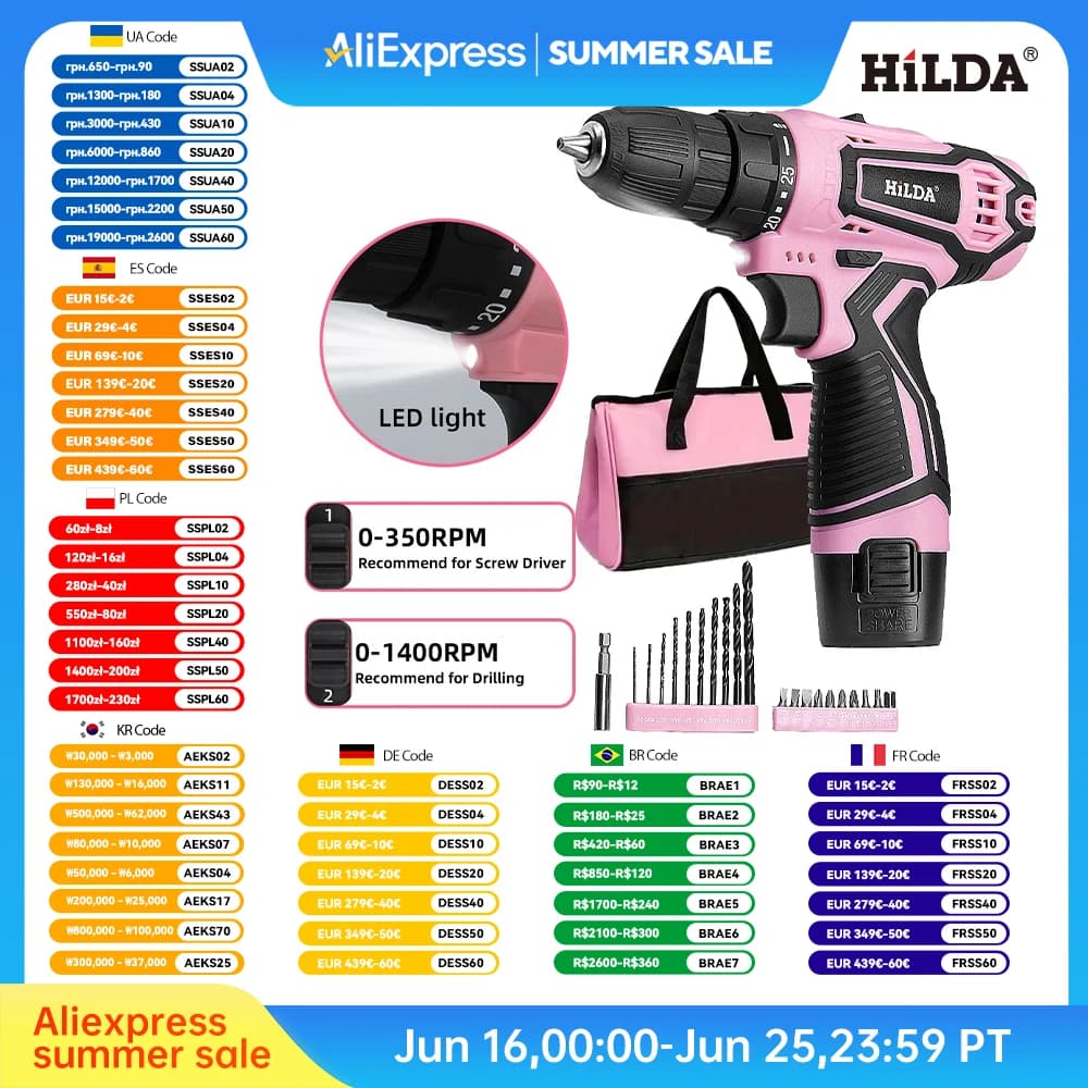 HILDA Electric Drill 12V Cordless Drill Electric Screwdriver Mini Wireless Power Driver DC Lithium-Ion Battery