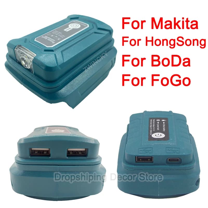 For Makita/HongSong/BoDa/FoGo 18V Li-ion Battery Battery Adapter With LED Lamp Flashlight Dual USB Type C Mobile Phone Charger