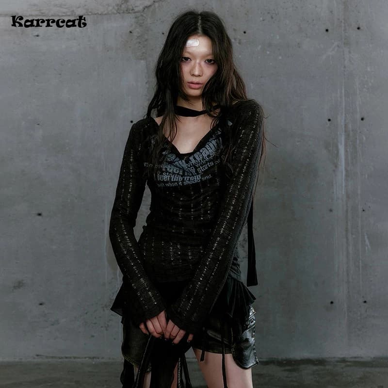 Karrcat Grunge Aesthetics Knitted Tops Trashy Y2k Graffiti Print T-shirt Vintage Punk Irregular Patchwork Knitwear High Street