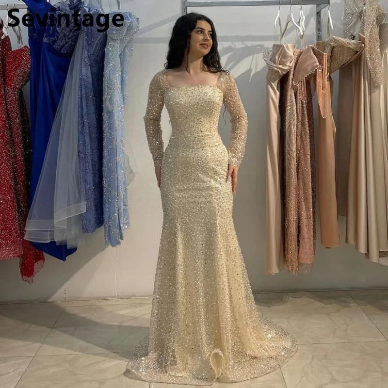 Sevintage Customized 2025 Champagne Color Long Sleeve Sequins Evening Dress Mermaid Custom Made Prom Gown Wedding Party Dress