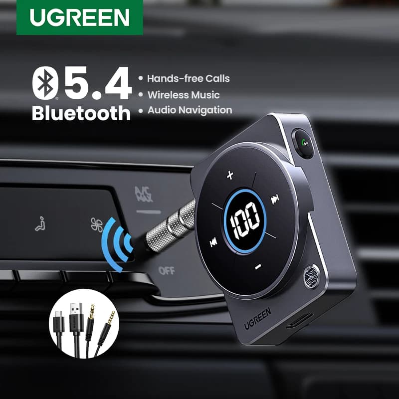 UGREEN Bluetooth 5.4 Aux Adapter 3.5mm Audio Music for Car 20H Battery Life Screen Display SBC AAC