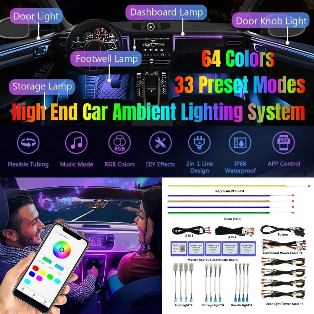18 in1 Universal Symphony Car Ambient Lights 64 RGB Car Interior Acrylic Light Guide Fiber Optic Car Decoration Atmosphere Light