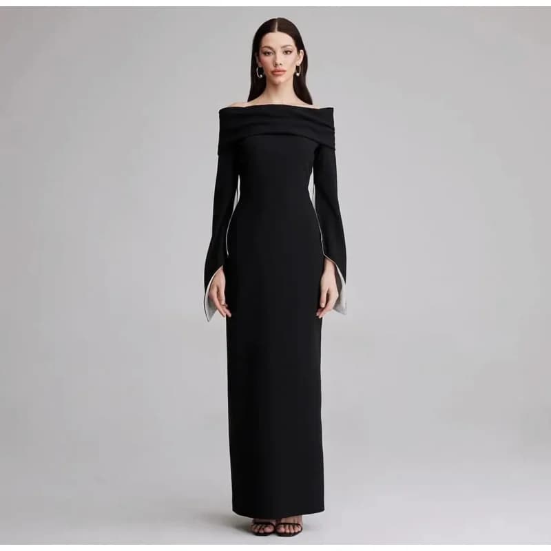 Indie Elegant Black Off Shoulder Prom Gown Long Sleeve White Party Evening Dress Floor Length Formal Occasion Dresses customized
