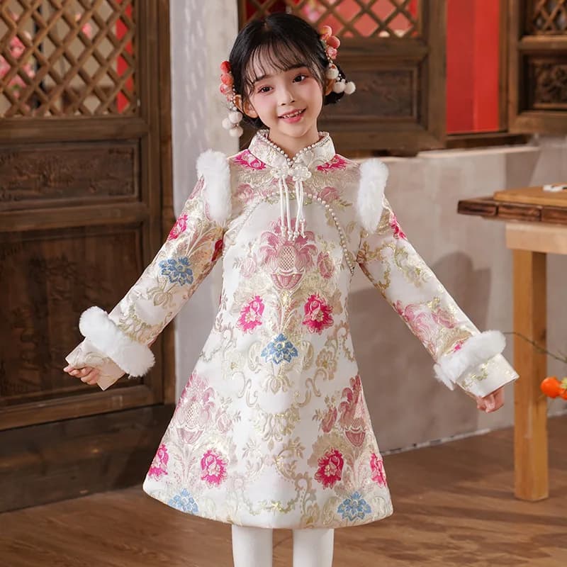 Girls Winter New Thick Qipao Hanfu Fairy Princess Kids Cheongsam Dress Performance Embroidery Children Chinese New Year Clothes
