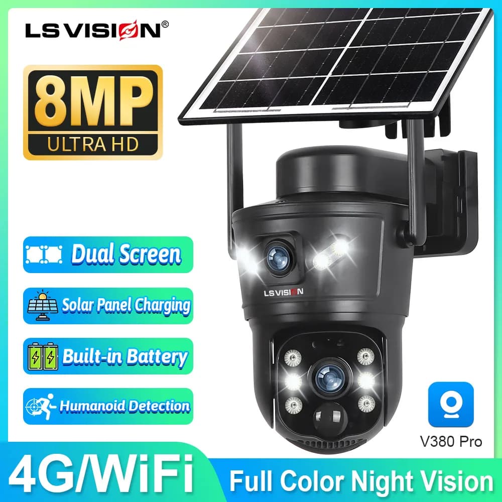 LS VISION 4G / WiFi Solar Camera Dual Lens Outdoor 8MP 4K Low Power Battery IP Camera PIR Night Vision V380 Pro CCTV Security