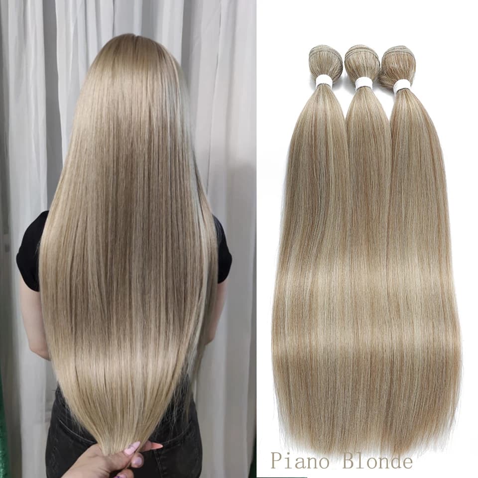 Piano Blonde Straight Hair Bundles Smooth Hair Extensions Fake Fibers Synthetic Yaki Straight Hair Weaving Full to End Free Ship