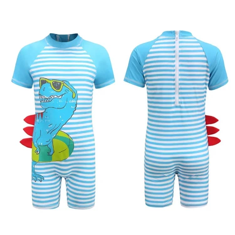 Children's Striped Swimsuit, 3D Dinosaur Sunscreen One Piece Swimwear, Short Sleeve, Boys' and Girl Hot Spring Clothes, Summer