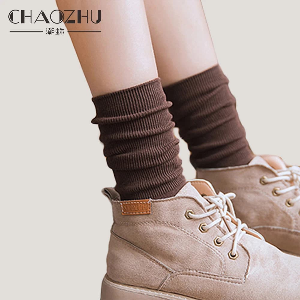 CHAOZHU Japanese Korea High School Girls High Socks Loose Solid Colors Double Needles Knitting Cotton Long Socks Women