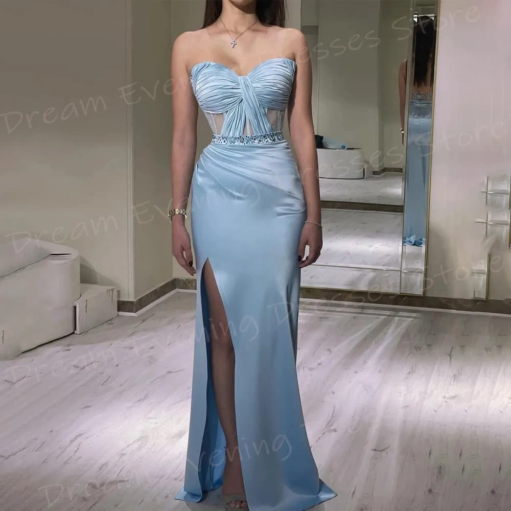 2025 Elegant Blue Mermaid Women's Evening Dresses Strapless Sleeveless Customized Prom Gowns Modern Side Split Vestido De Noche