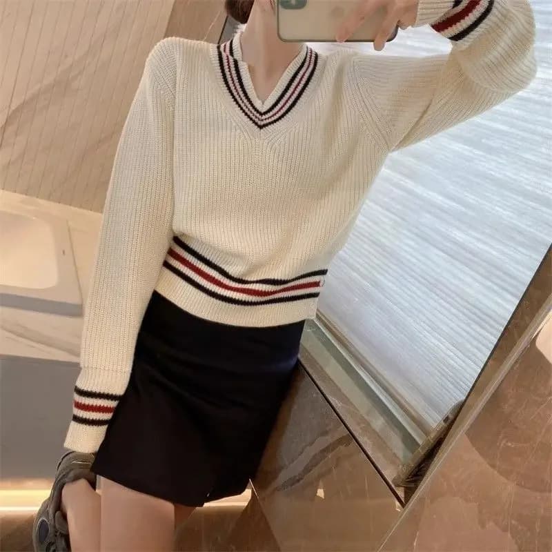 New Autumn Winter Striped Wool Knitted Pullover Sweater Elegant V-Neck Long Sleeve Preppy Cashmere Sweater Tops Knitwear