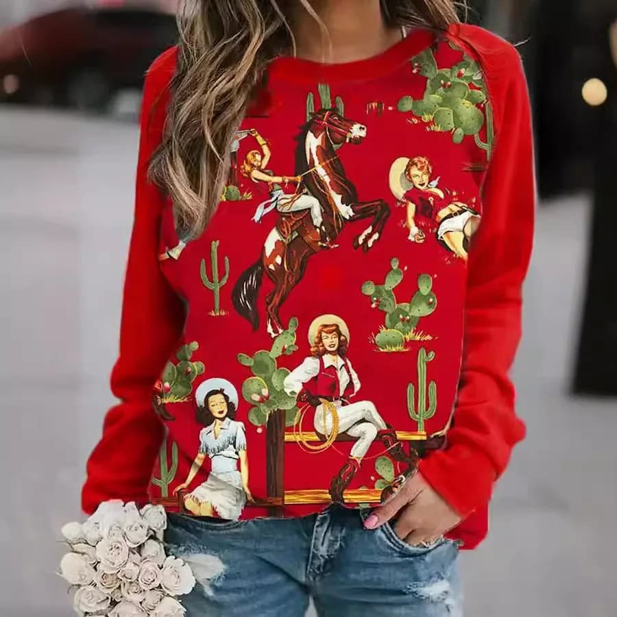 2024 European and American style long sleeved printed women's 3D printed high-quality round neck women's casual T-shirt set