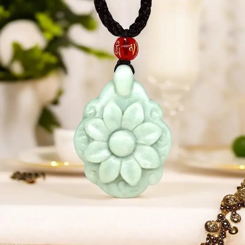 Jade Flower Pendant Green Real Gift Gemstone Natural Carved Luxury Designer Stone Chinese Jewelry Amulet Necklace Fashion