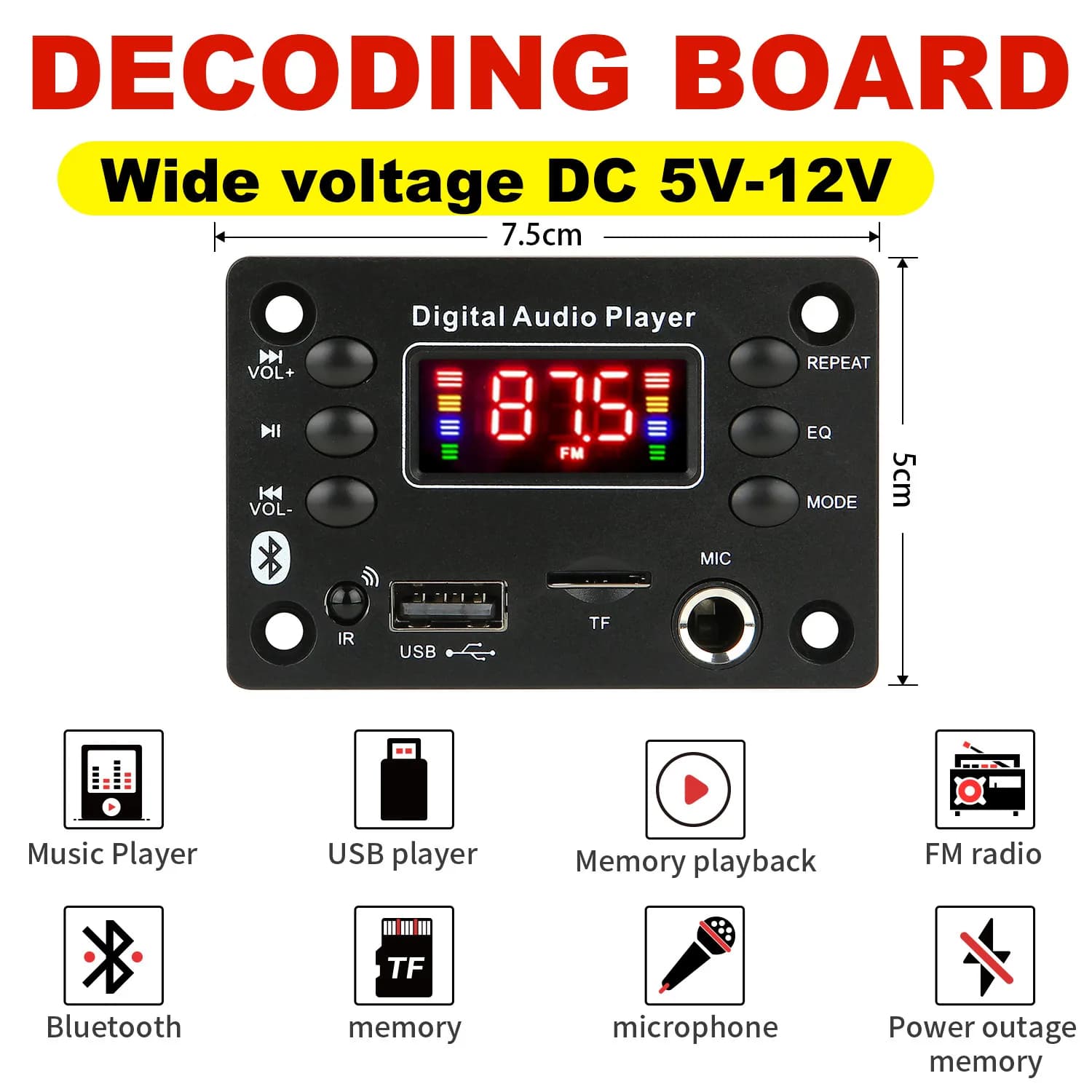 DC 12V Bluetooth 5.0 MP3 WMA WAV APE Decoder Board Hands-free Car Audio Microphone USB TF FM Radio Mp3 Music Player Speaker
