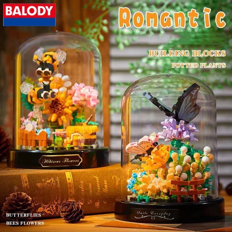 Balody Bee Butterfly Flower Bonsai Building Blocks Insect Plant Potted Model Bricks With Dust Cover DIY Toy For Kid Holiday Gift