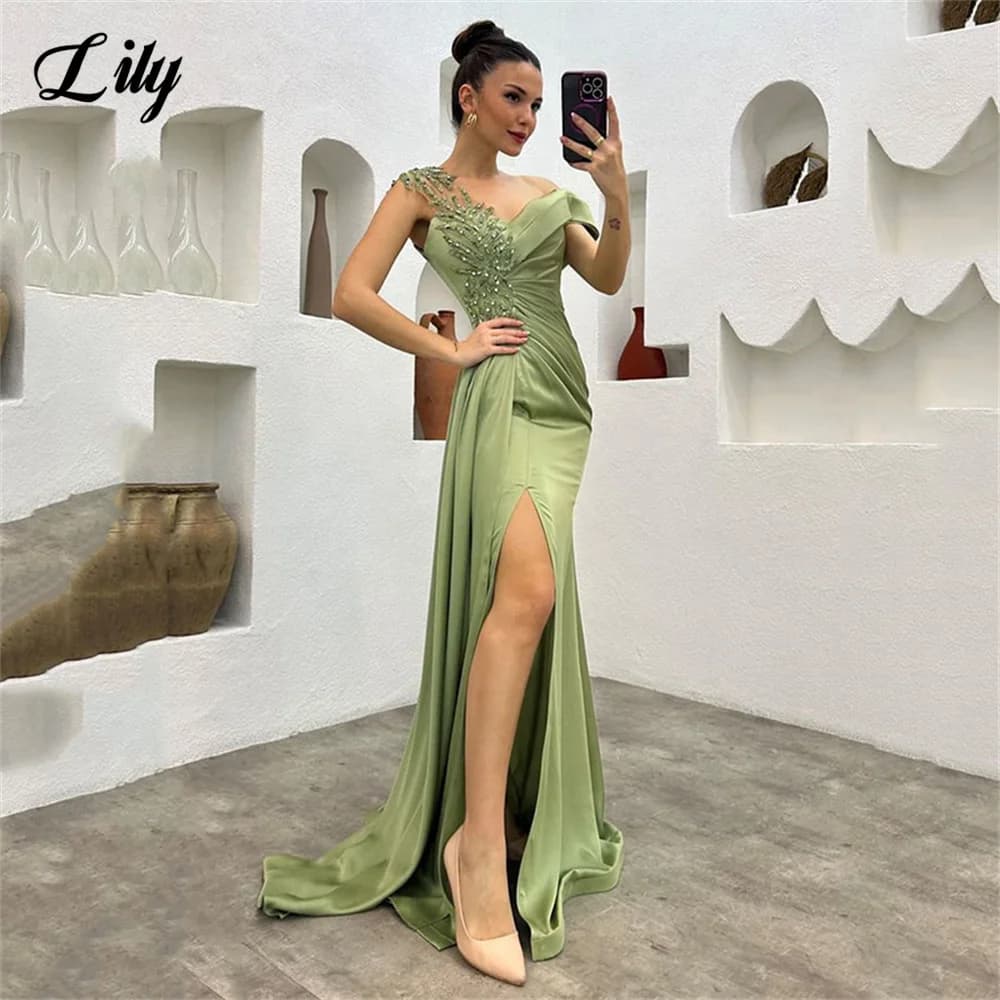 Lily Green Elegant Wedding Party Dress Stain Side Split Beading Celebrity Dresses Sexy Trumpet Special Occasion Dress Customized
