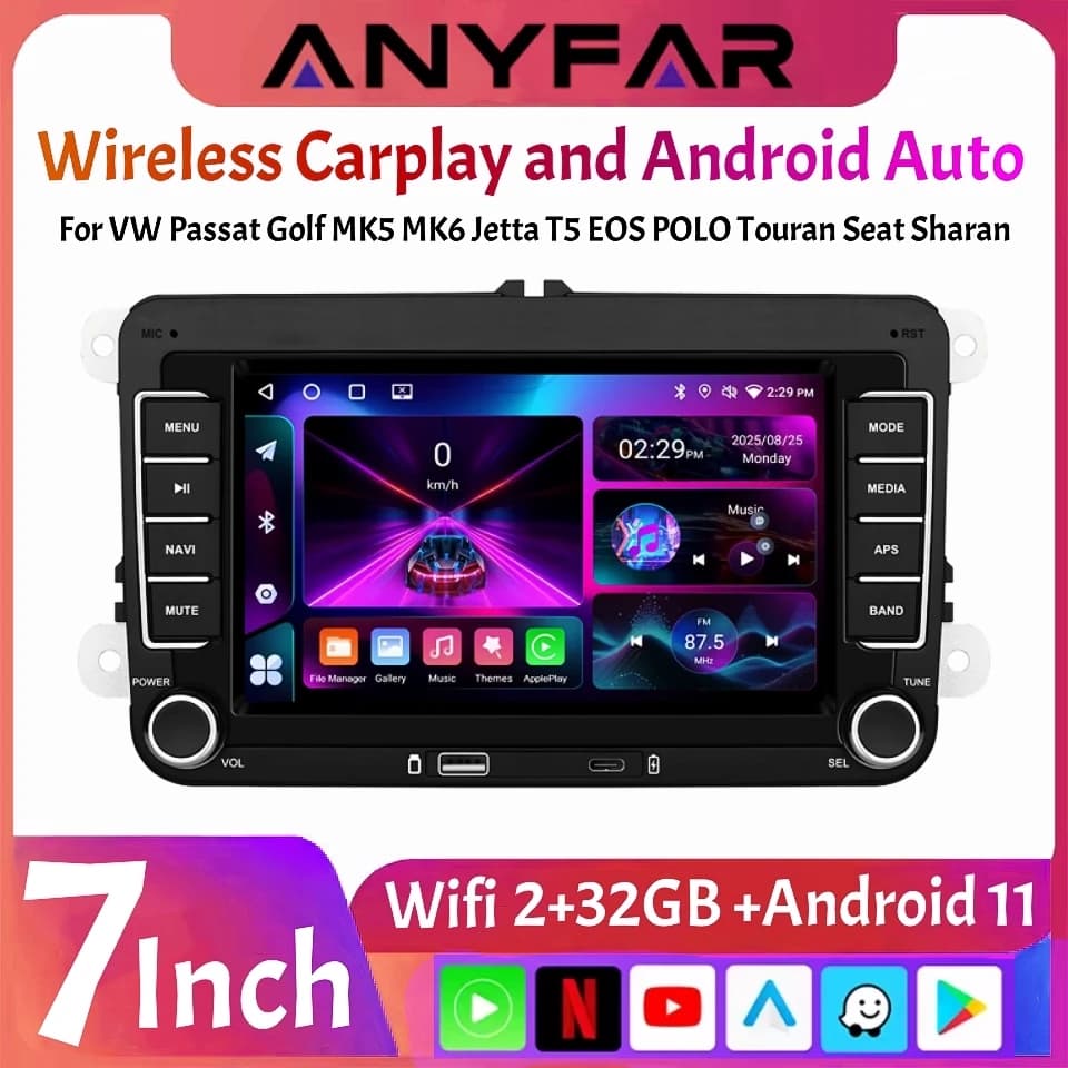 7 Inch HD Touch Screen Universal Car Radio Wireless CarPlay Android Auto For VW/Seat/Skoda/Passat/Golf/Polo FM BT EQ Head Unit