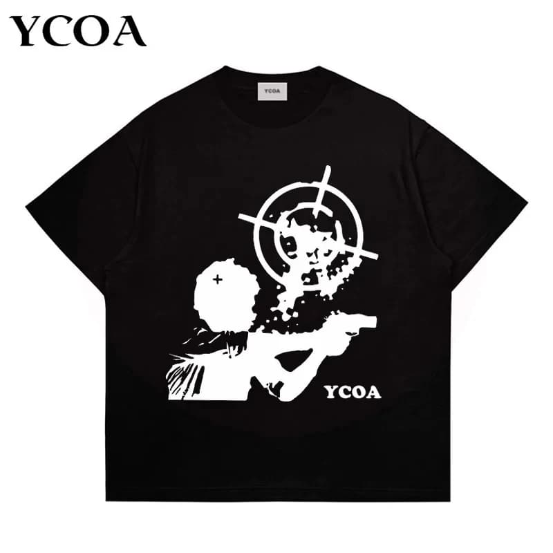 Men's T-Shirt Cotton Oversized Letter Gothic Summer Short Sleeve Tops Tees Korean Fashion Y2k Streetwear Vintage Unisex Clothing