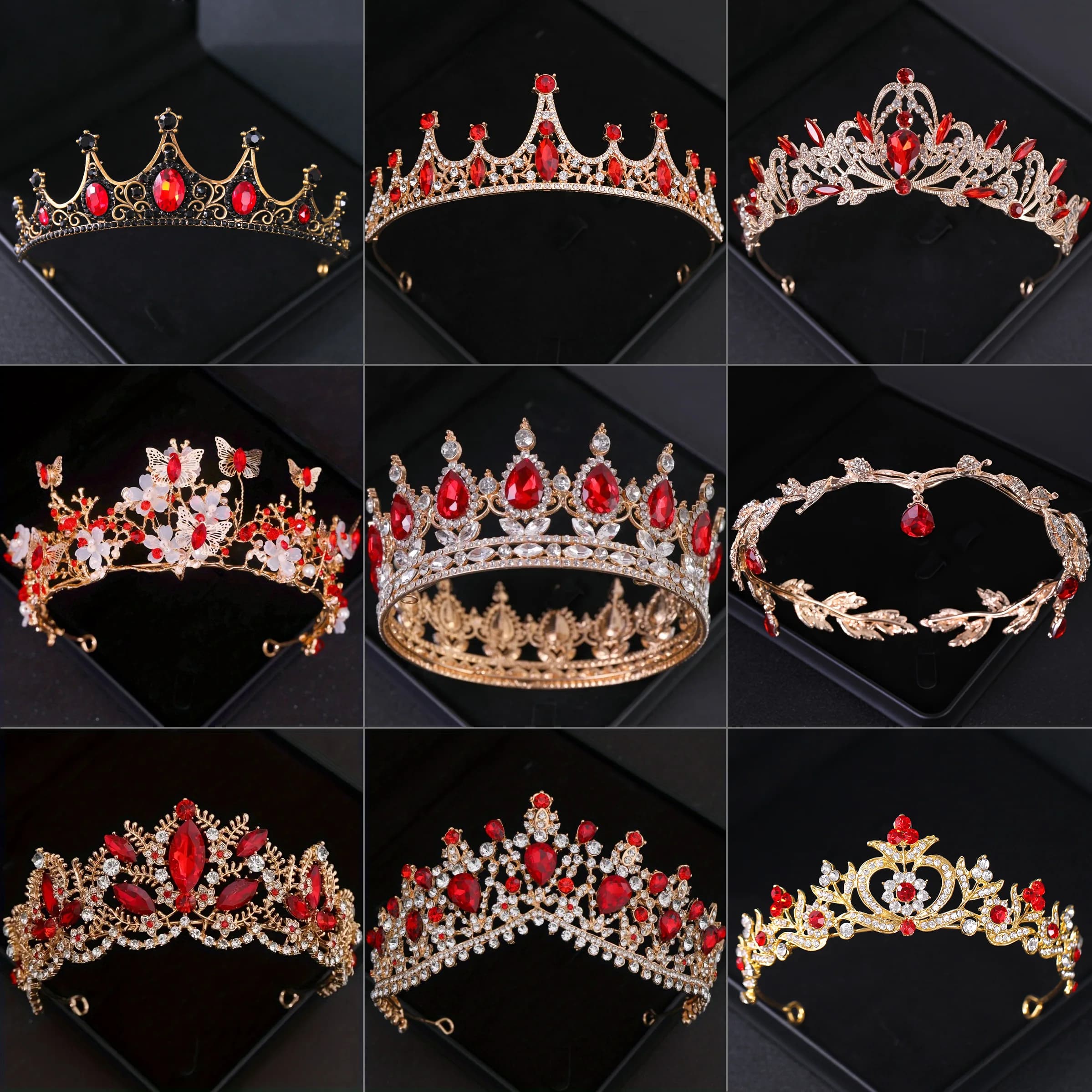 Baroque Vintage Red Crystal Rhinestone Tiaras And Crowns Queen Princess Diadems Wedding Hair Accessories Women Jewelry