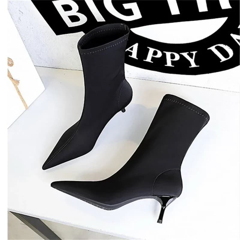 BIGTREE Sexy Fashion Simple Stretch Boots High Heels Shallow Mouth Pointed Head Elasticity Slimming Pedicure Women's Ankle Boots