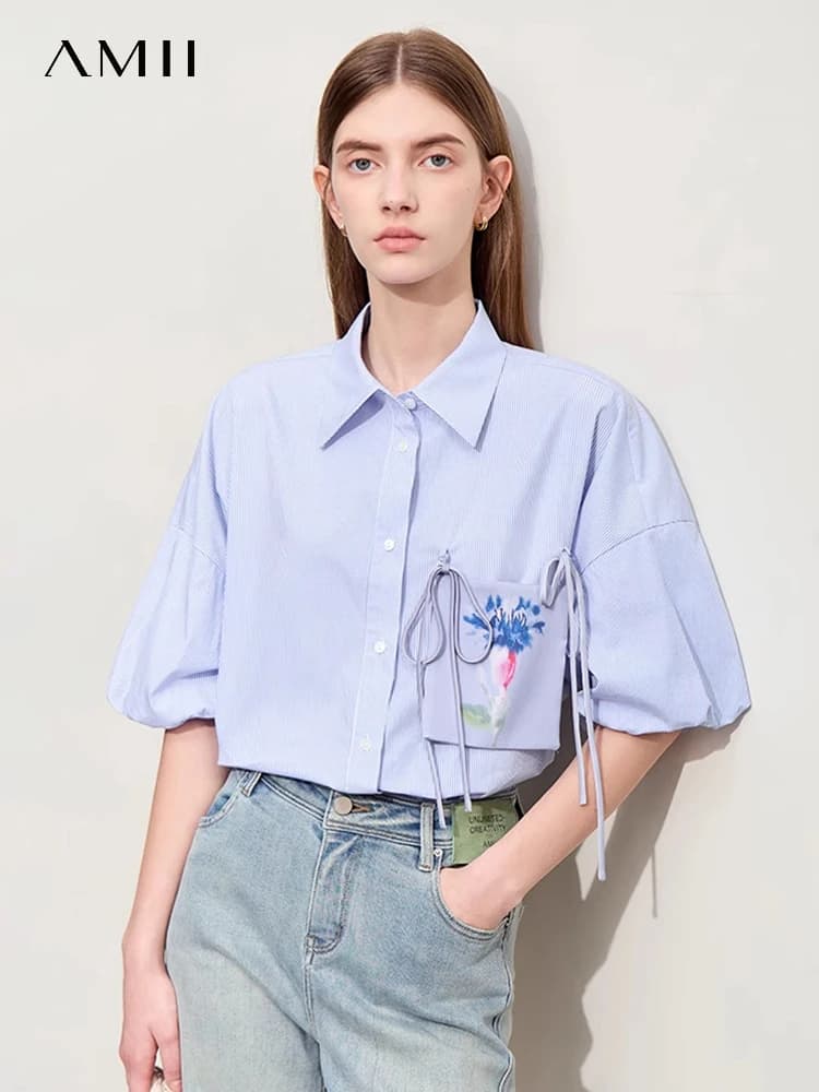 Amii Minimalism 2024 Shirts & Blouse Summer Casual Lapel With Removable Pocket Printed Striped Shirt Loose Women Tops 12442018