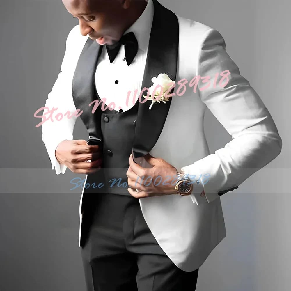 White Men's Wedding Tuxedo Elegant Men's Suit Jacket Pants Vest 3-piece Set Wedding Suits for Men Costume Homme Italien