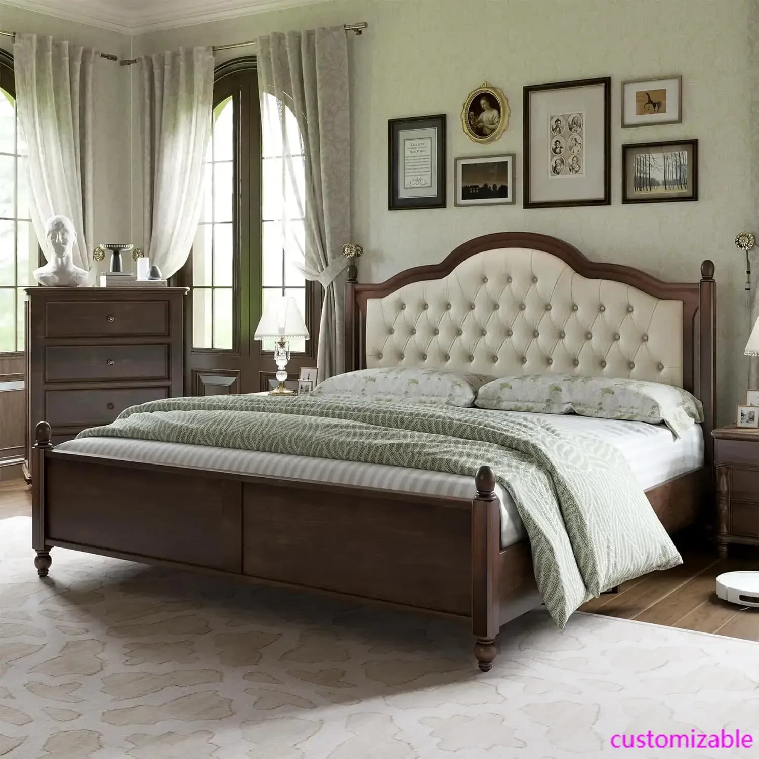 King Size Solid Wood Bed Frame,Transitional Platform Bed with 52.5" Upholstered Tufted Headboard,Rubberwood/Roman Column Accents
