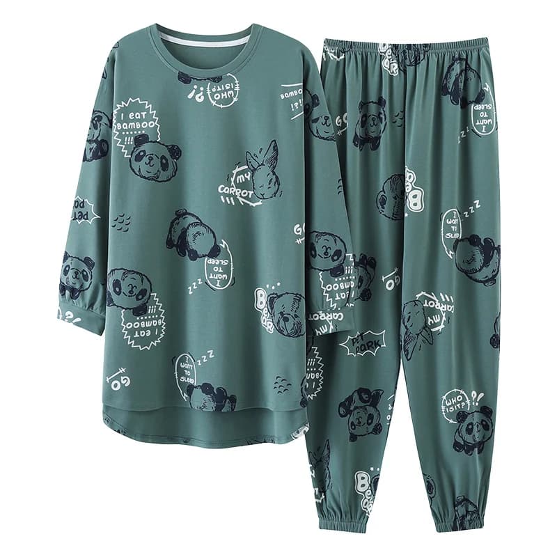 Big Size M-5XL Spring Knitted Cotton Pijamas Two Piece Set Long Sleeved Women Pyjamas Ladies Sleepwear Cute Cartoon Pijamas