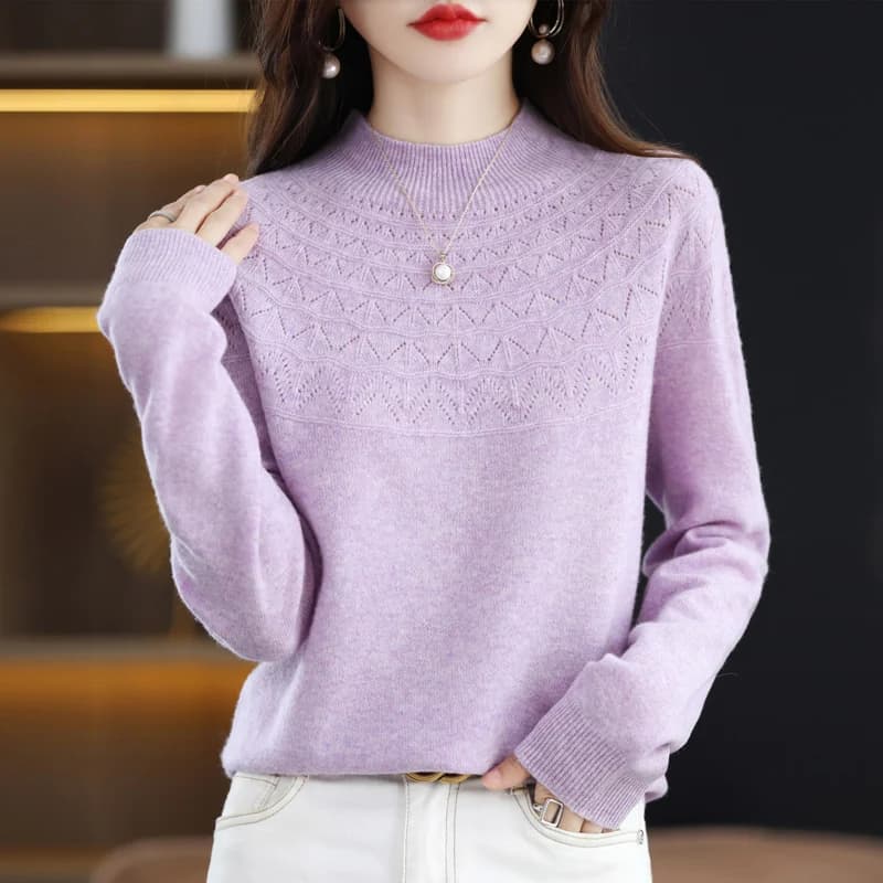 Autumn And Winter Wool Temperament Solid Color High-End Slim Semi-High Collar Ladies Knitted Sweater Joker Slim Pullover