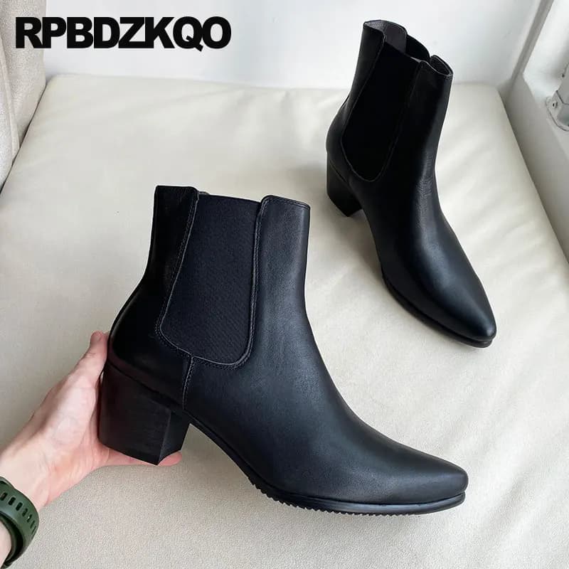 Chelsea Shoes Booties Snakeskin Full Grain Leather Crocodile Mens High Heel Boots Pointed Toe Dress Ankle Black Chunky Party