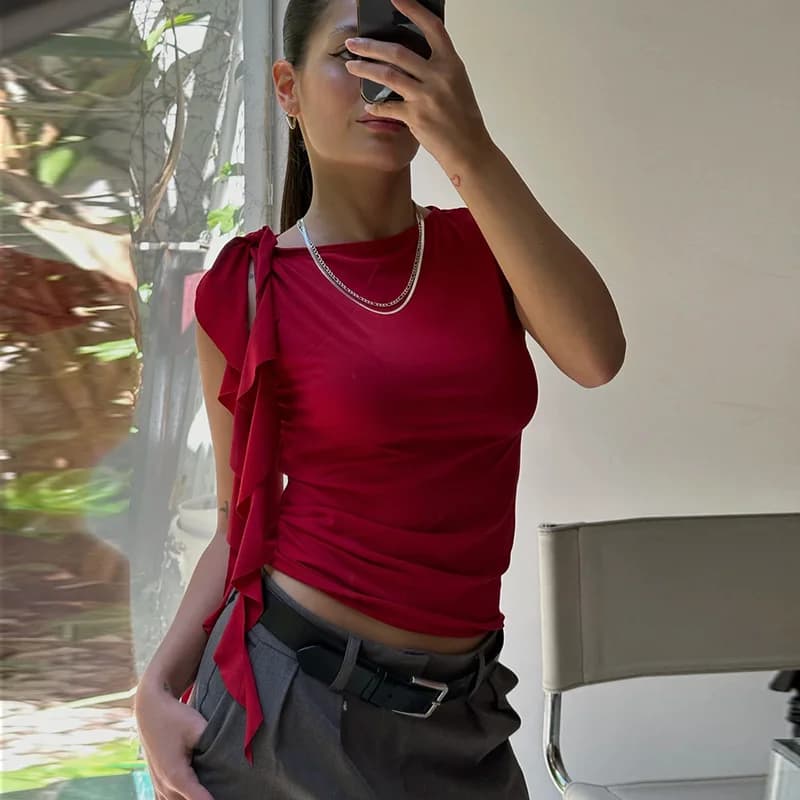 Summer Women'S Solid Color Vest Fluttering Tassel Sleeveless Slim Pullover Round Neck T-Shirt Casual Street Wear Y2K