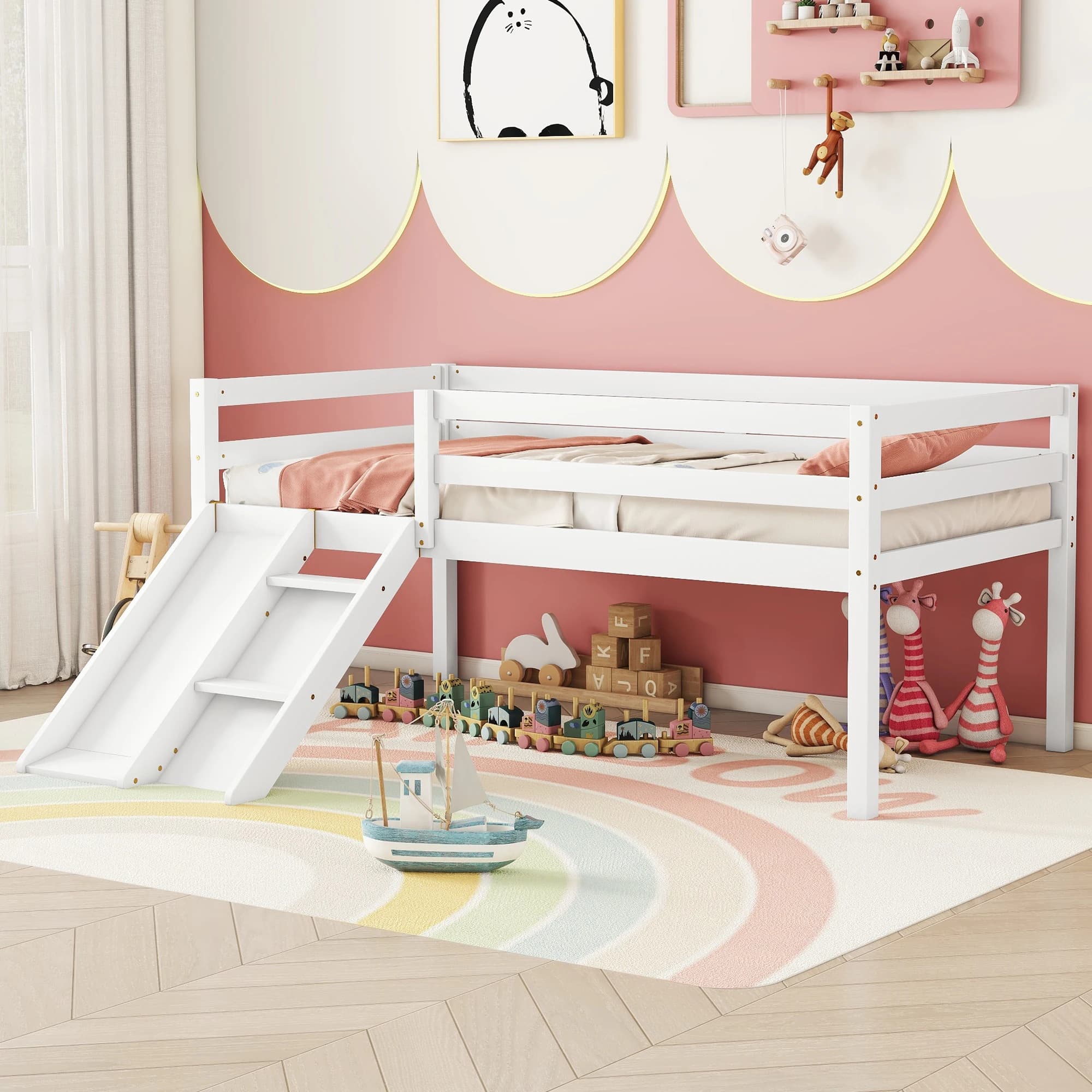 Twin Low Loft Bed with Slide, Ladder, Safety Guardrails, No Box Spring Needed, White 79.50x67.60x31.50 in.