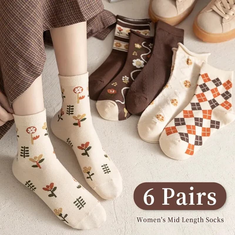 6 Pairs of Spring Summer Women Is Medium Socks Hose Khaki Vintage Flower Diamond Plaid Stripe Sweet and Comfortable
