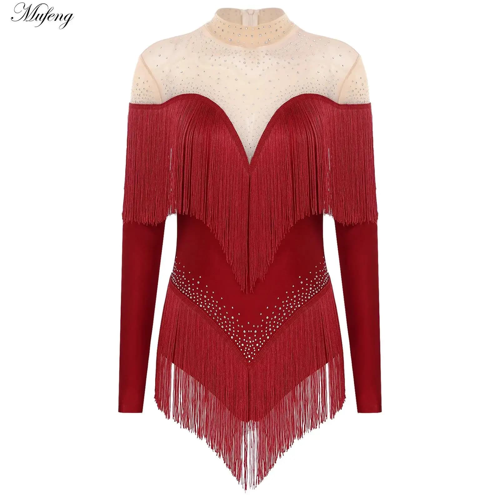 Rhinestone Tassel Leotard Dress for Women's Latin Jazz Dance Performance Clothes Ballroom Fringed Jazz Samba Tango Dresses