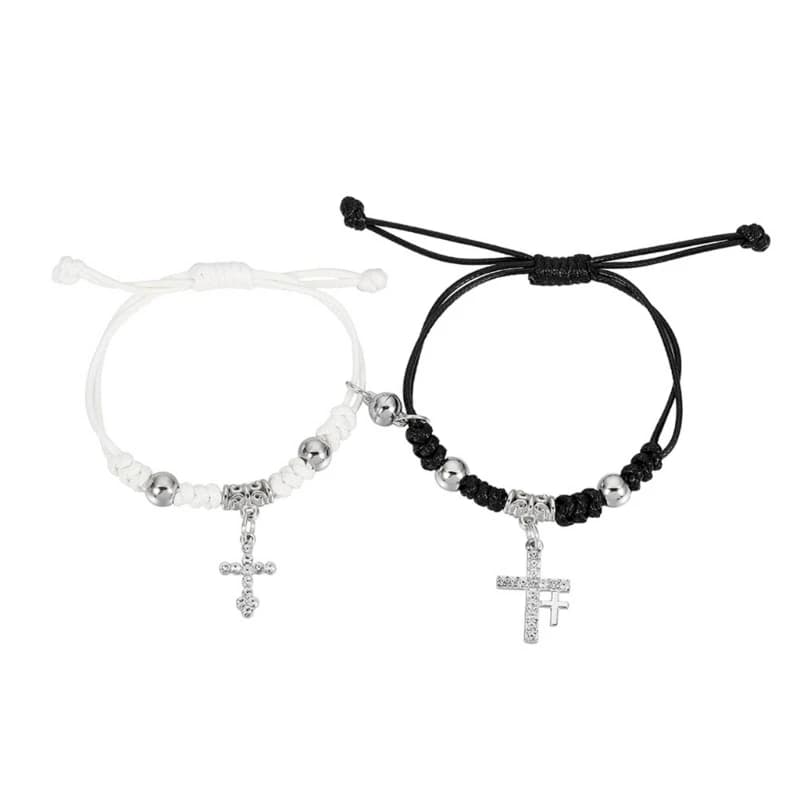 2pcs Crystal Cross Couple Bracelets Magnetic Matching Bangle Fashionable Braided Rope Wrist Chain for Women Men Jewelry