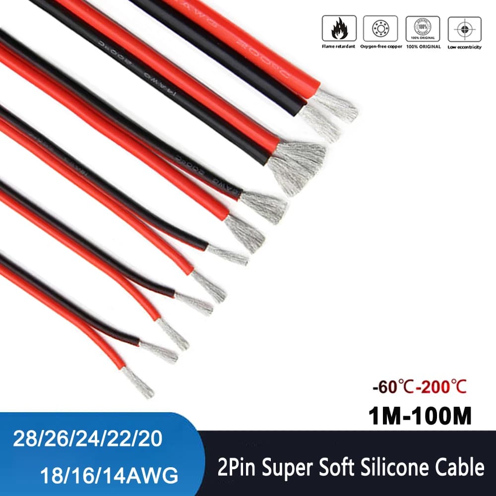 2Pin Super Soft Flexible Red and Black Silicone Cable 28AWG 26 24awg 22 20 18 16awg 14awg Heat-resistant Tinned Copper Wire