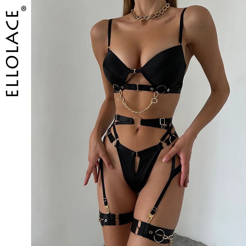 Ellolace Fine Lingerie Sexy Fancy Underwear 5-Piece Delicate Luxury Erotic Sets With Chain Bra And Panty Set Garters Intimate