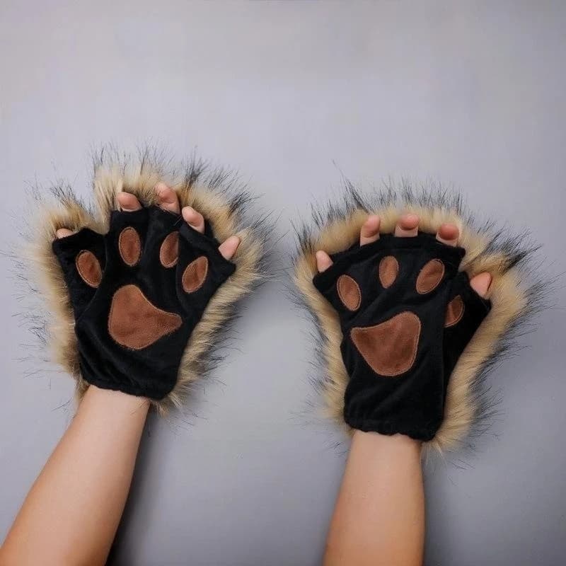 Animal Paw Gloves Winter Fingerless Gloves Fluffy Bear Cat Plush Paw Claw Glove Half Finger Cover Cosplay Costume Accessories