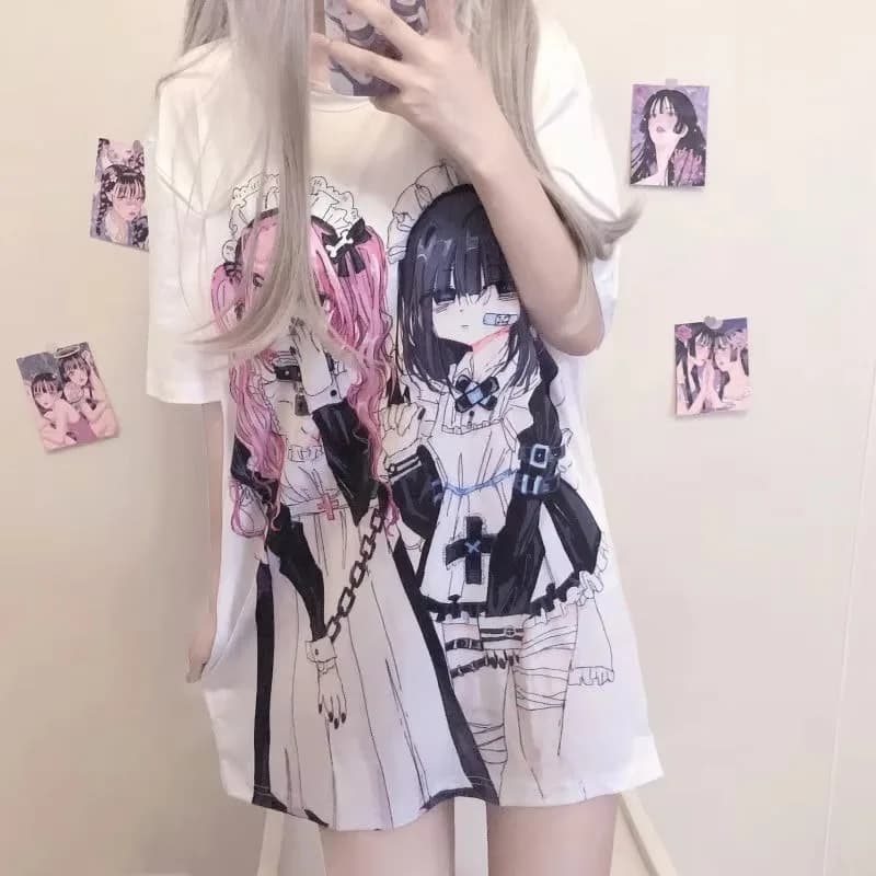 Summer 2024 New Subculture Loose Short Sleeve T-shirt Y2k Girl Anime Aesthetic Print Harajuku Two Yuan E-sports Tops Tees Woman