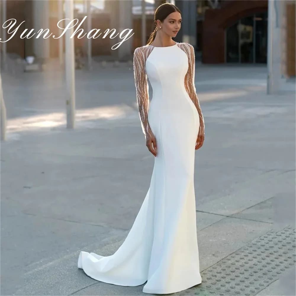 Yunshang Elegant Mermaid Wedding Dress O-Neck Long Sleeve Illusion Back Crepe Lace Bridal Gown Train Vestido De Novia customized