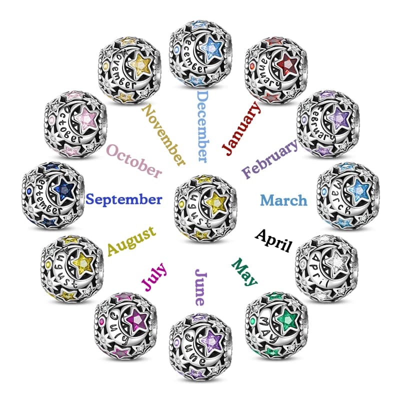 New 925 Sterling Silver Star Moon Birthstone January to December Charms Beads Sparkling Zircon Fit DIY Bracelet Birthday Jewelry