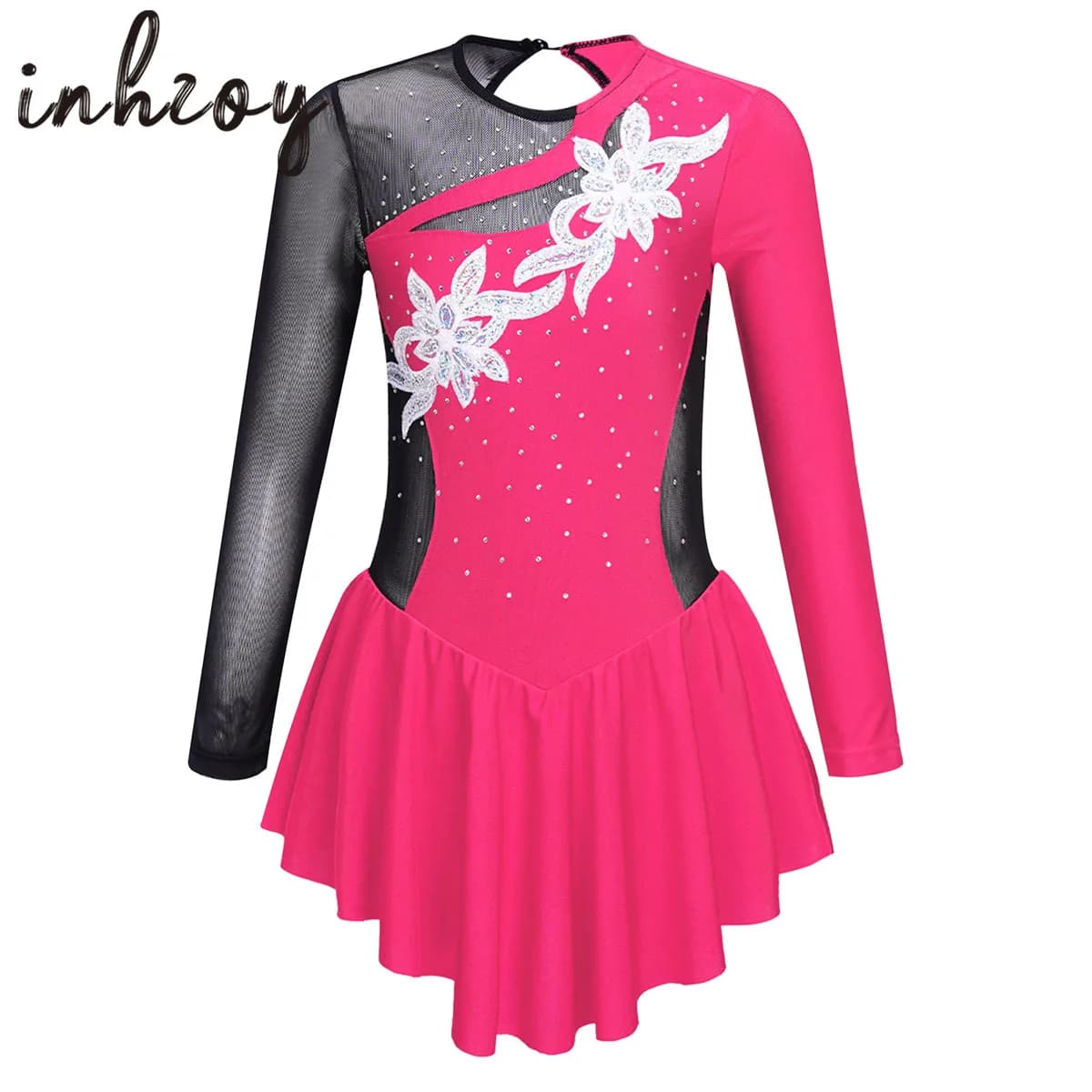 Kids Girls Rhinestone Floral Sequins Figure Ice Skating Dress Ballroom Dance Competition Gymnastics Ballet Leotard Dance Costume